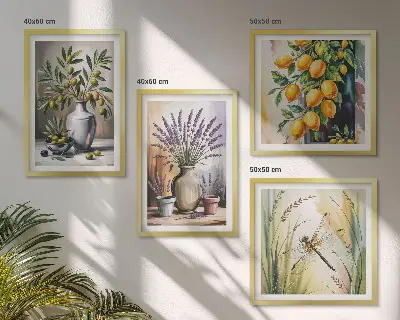 Set de 4 cuadros para salón con diseño de flores de olivo en jarrones estilo naturaleza