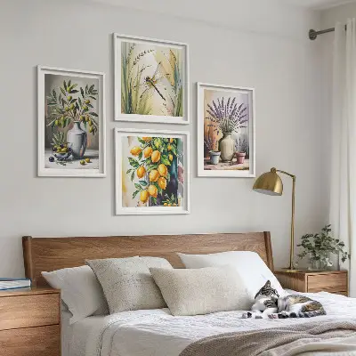 Set de 4 cuadros para salón con diseño de flores de olivo en jarrones estilo naturaleza