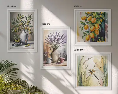 Set de 4 cuadros para salón con diseño de flores de olivo en jarrones estilo naturaleza