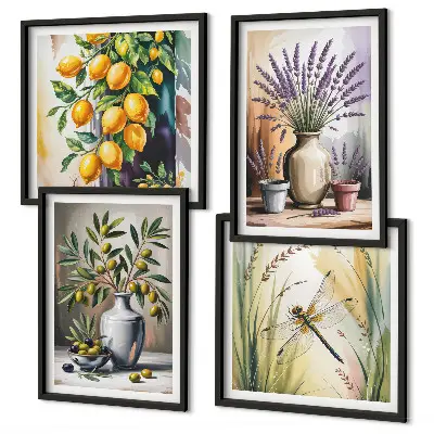 Set de 4 cuadros para salón con diseño de flores de olivo en jarrones estilo naturaleza