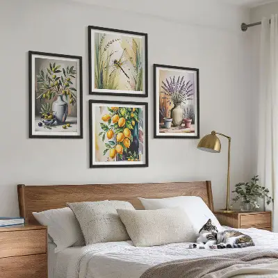 Set de 4 cuadros para salón con diseño de flores de olivo en jarrones estilo naturaleza