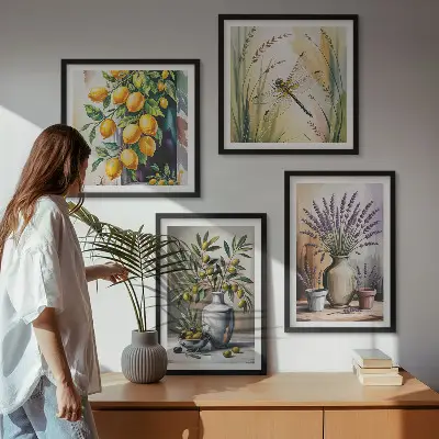 Set de 4 cuadros para salón con diseño de flores de olivo en jarrones estilo naturaleza