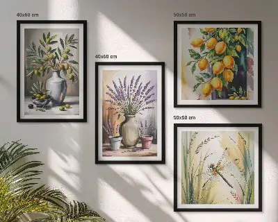 Set de 4 cuadros para salón con diseño de flores de olivo en jarrones estilo naturaleza
