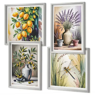 Set de 4 cuadros para salón con diseño de flores de olivo en jarrones estilo naturaleza