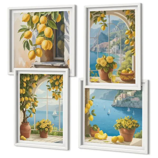 Set de cuadros modernos para salón de paisajes marinos, limones y ventanas