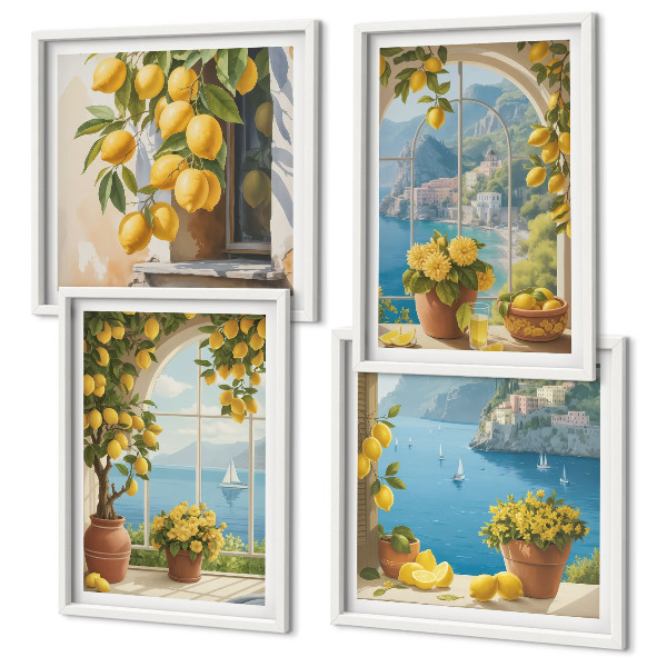 Set de cuadros modernos para salón Paisajes marinos, limones, ventanas