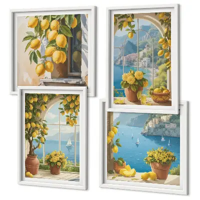 Set de cuadros modernos para salón de paisajes marinos, limones y ventanas