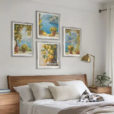 Set de cuadros modernos para salón de paisajes marinos, limones y ventanas