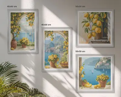 Set de cuadros modernos para salón de paisajes marinos, limones y ventanas