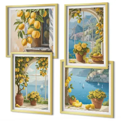Set de cuadros modernos para salón de paisajes marinos, limones y ventanas