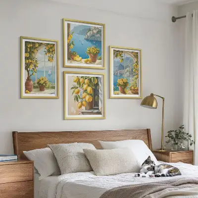 Set de cuadros modernos para salón de paisajes marinos, limones y ventanas