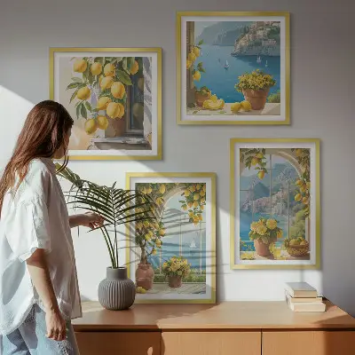 Set de cuadros modernos para salón de paisajes marinos, limones y ventanas