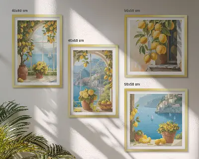Set de cuadros modernos para salón de paisajes marinos, limones y ventanas