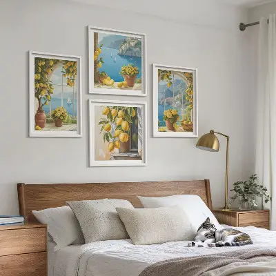 Set de cuadros modernos para salón de paisajes marinos, limones y ventanas