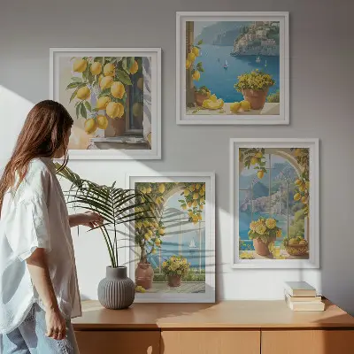 Set de cuadros modernos para salón de paisajes marinos, limones y ventanas