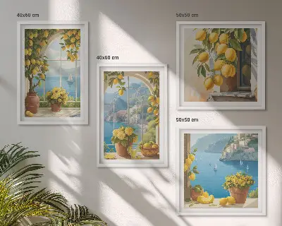 Set de cuadros modernos para salón de paisajes marinos, limones y ventanas
