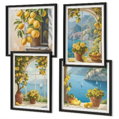 Set de cuadros modernos para salón de paisajes marinos, limones y ventanas