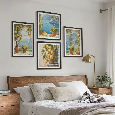 Set de cuadros modernos para salón de paisajes marinos, limones y ventanas