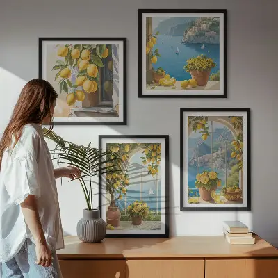 Set de cuadros modernos para salón de paisajes marinos, limones y ventanas