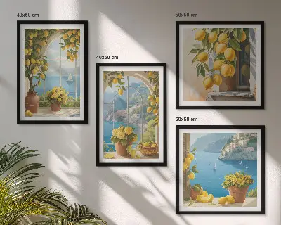 Set de cuadros modernos para salón de paisajes marinos, limones y ventanas