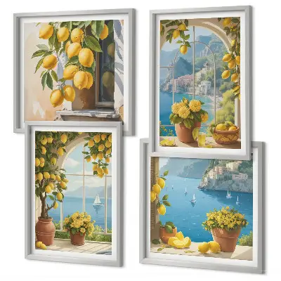Set de cuadros modernos para salón de paisajes marinos, limones y ventanas