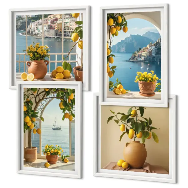 Set de 4 cuadros para salón diseño de limones y flores en ciudad costera