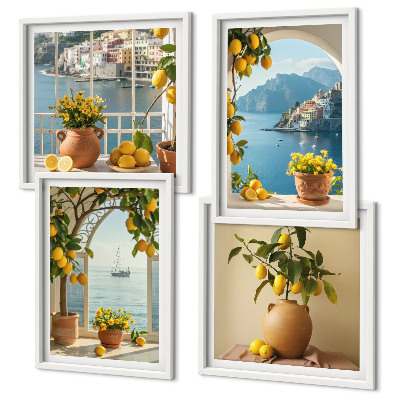 Set de 4 cuadros para salón Limones de la ciudad costera flores