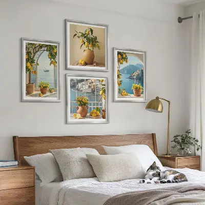 Set de 4 cuadros para salón diseño de limones y flores en ciudad costera