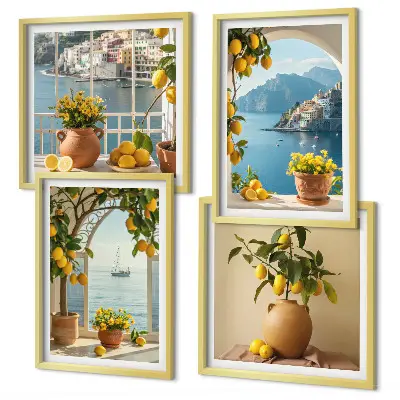 Set de 4 cuadros para salón diseño de limones y flores en ciudad costera