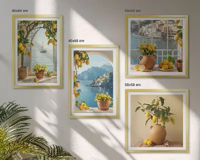 Set de 4 cuadros para salón diseño de limones y flores en ciudad costera