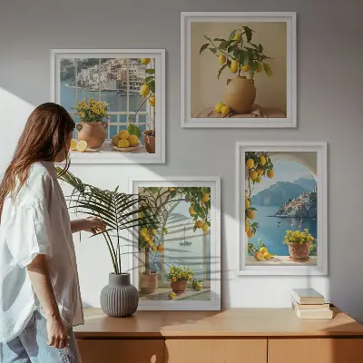 Set de 4 cuadros para salón diseño de limones y flores en ciudad costera