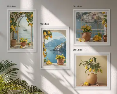 Set de 4 cuadros para salón diseño de limones y flores en ciudad costera