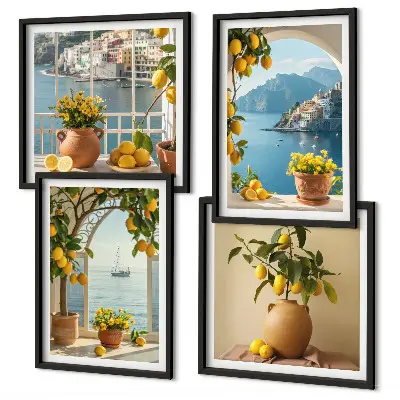 Set de 4 cuadros para salón diseño de limones y flores en ciudad costera