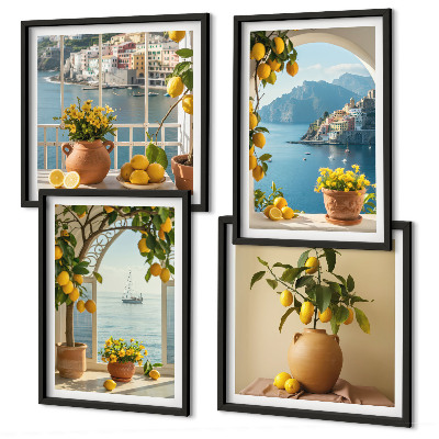 Set de 4 cuadros para salón Limones de la ciudad costera flores