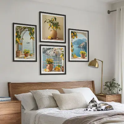 Set de 4 cuadros para salón diseño de limones y flores en ciudad costera