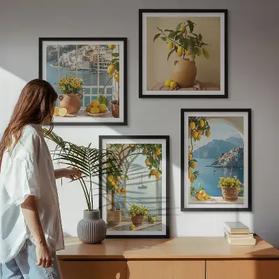Set de 4 cuadros para salón diseño de limones y flores en ciudad costera