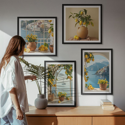 Set de 4 cuadros para salón Limones de la ciudad costera flores