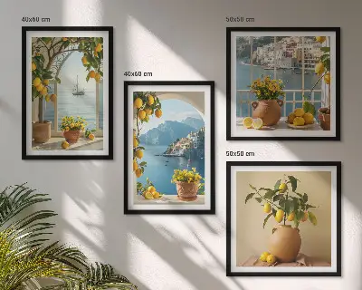 Set de 4 cuadros para salón diseño de limones y flores en ciudad costera