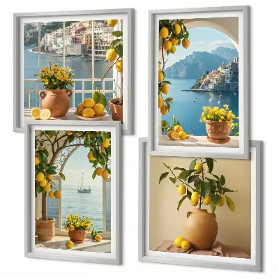Set de 4 cuadros para salón diseño de limones y flores en ciudad costera
