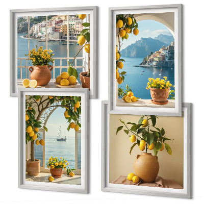 Set de 4 cuadros para salón Limones de la ciudad costera flores