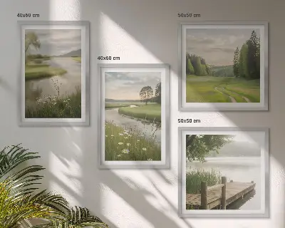 Set de cuadros modernos para salón con paisajes veraniegos de prados fluviales