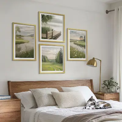 Set de cuadros modernos para salón con paisajes veraniegos de prados fluviales