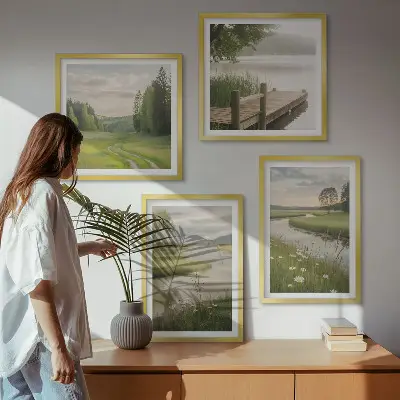 Set de cuadros modernos para salón con paisajes veraniegos de prados fluviales