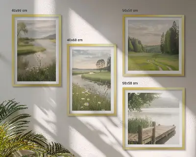 Set de cuadros modernos para salón con paisajes veraniegos de prados fluviales