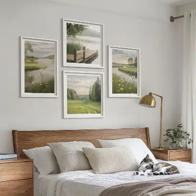 Set de cuadros modernos para salón con paisajes veraniegos de prados fluviales