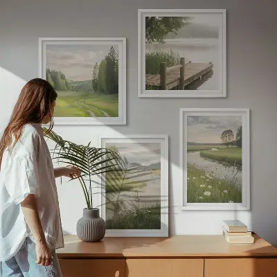 Set de cuadros modernos para salón con paisajes veraniegos de prados fluviales