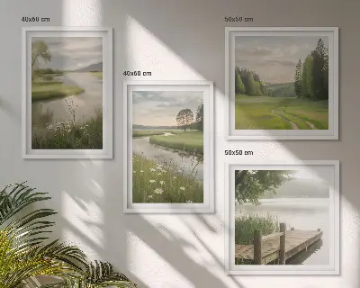 Set de cuadros modernos para salón con paisajes veraniegos de prados fluviales