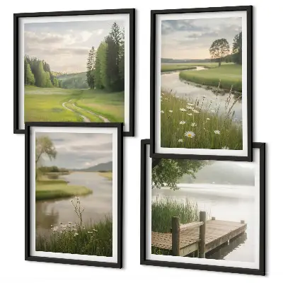 Set de cuadros modernos para salón con paisajes veraniegos de prados fluviales
