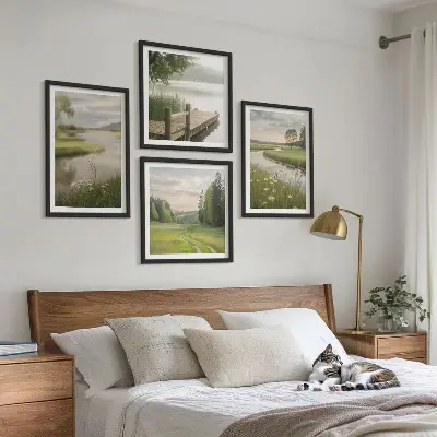 Set de cuadros modernos para salón con paisajes veraniegos de prados fluviales