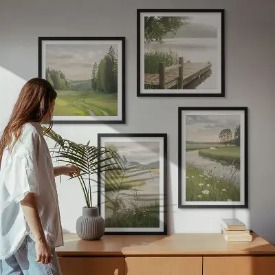 Set de cuadros modernos para salón con paisajes veraniegos de prados fluviales